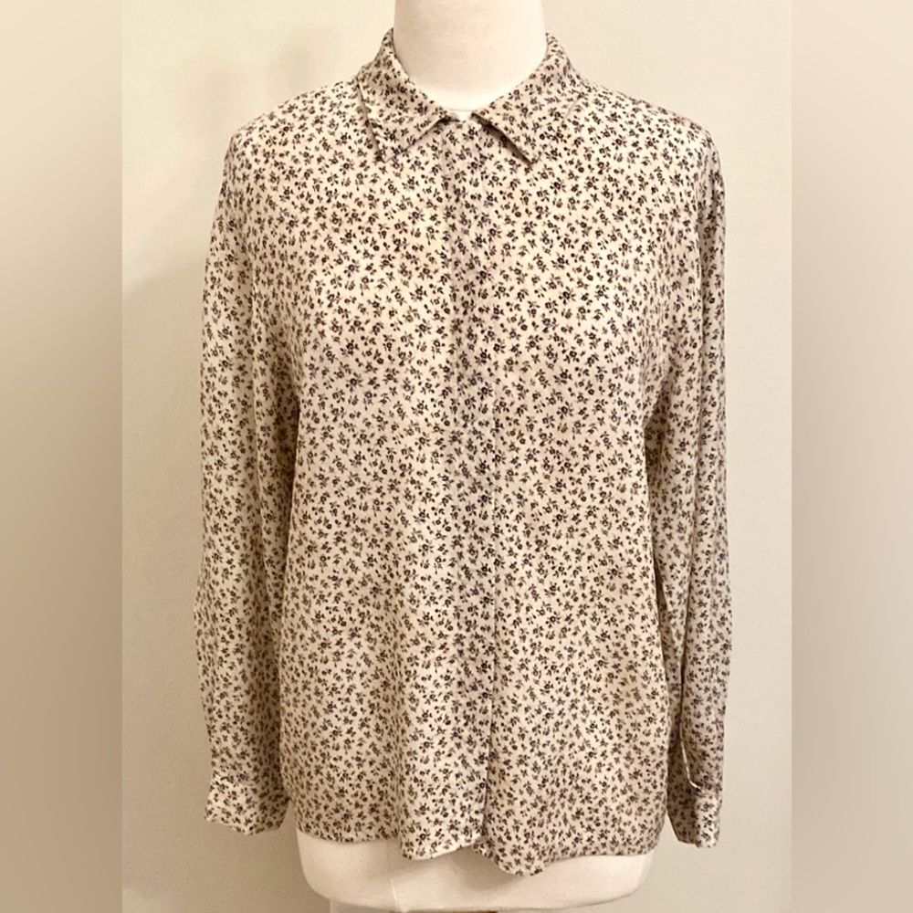 Jones New York Ditsy Floral Cream Brown 8 Office Siren Old Money Corporate Top